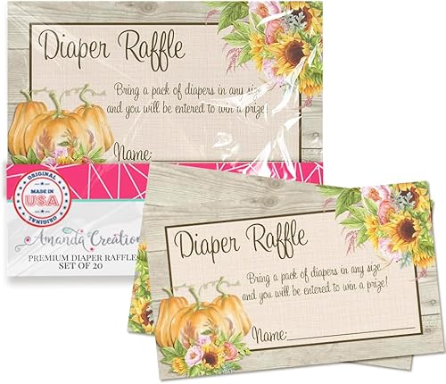 Amanda Creation Acuarela Girasol y Peonía Floral con Calabazas, Rifa de pañales de otoño para baby showers, 20 insertos de doble cara de 2 x 3