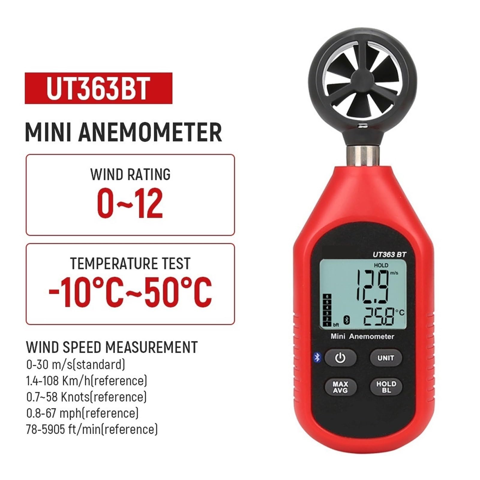 Cyfrowy Anemometr Tester Temperatury Pomiaru Prędkości Wiatru Z Podświetleniem LCD Precyzyjny Pomiar(UT363BT)