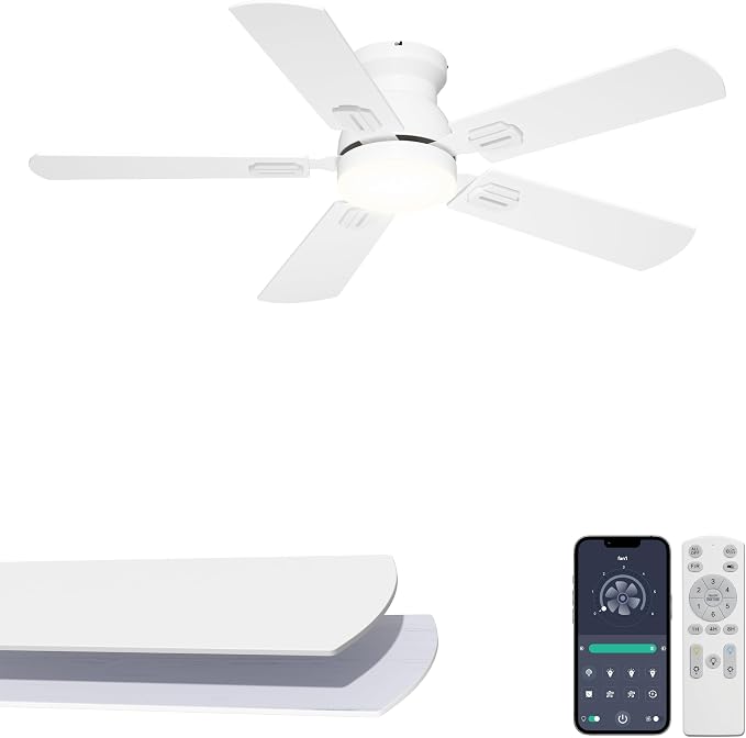 42'' White Flush Mount Ceiling Fans with Lights for Nursery Room | App/Remote Control, Low Profile, Space-Saving, Quiet DC Motor, 3CCT Dimmable, 6 Speeds Modern Overhead Fan for Low Ceilings