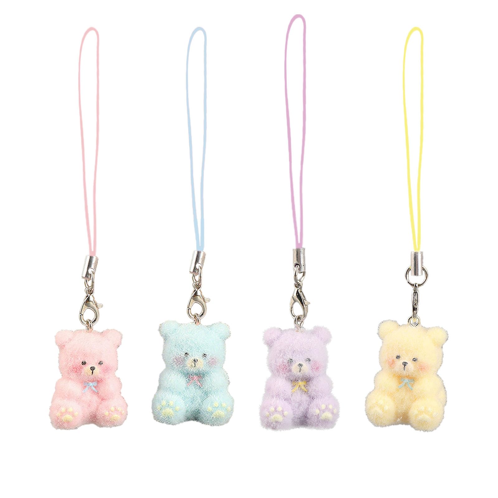 4Pcs Phone Charm, Cute Keychain for Girls, Plush Keychain, Bag Charm, Aesthetic Keychains, Fluffy Bear Phone Charms in Pink, Blue, Yellow, Purple, Gift for Friends and Family-image-4