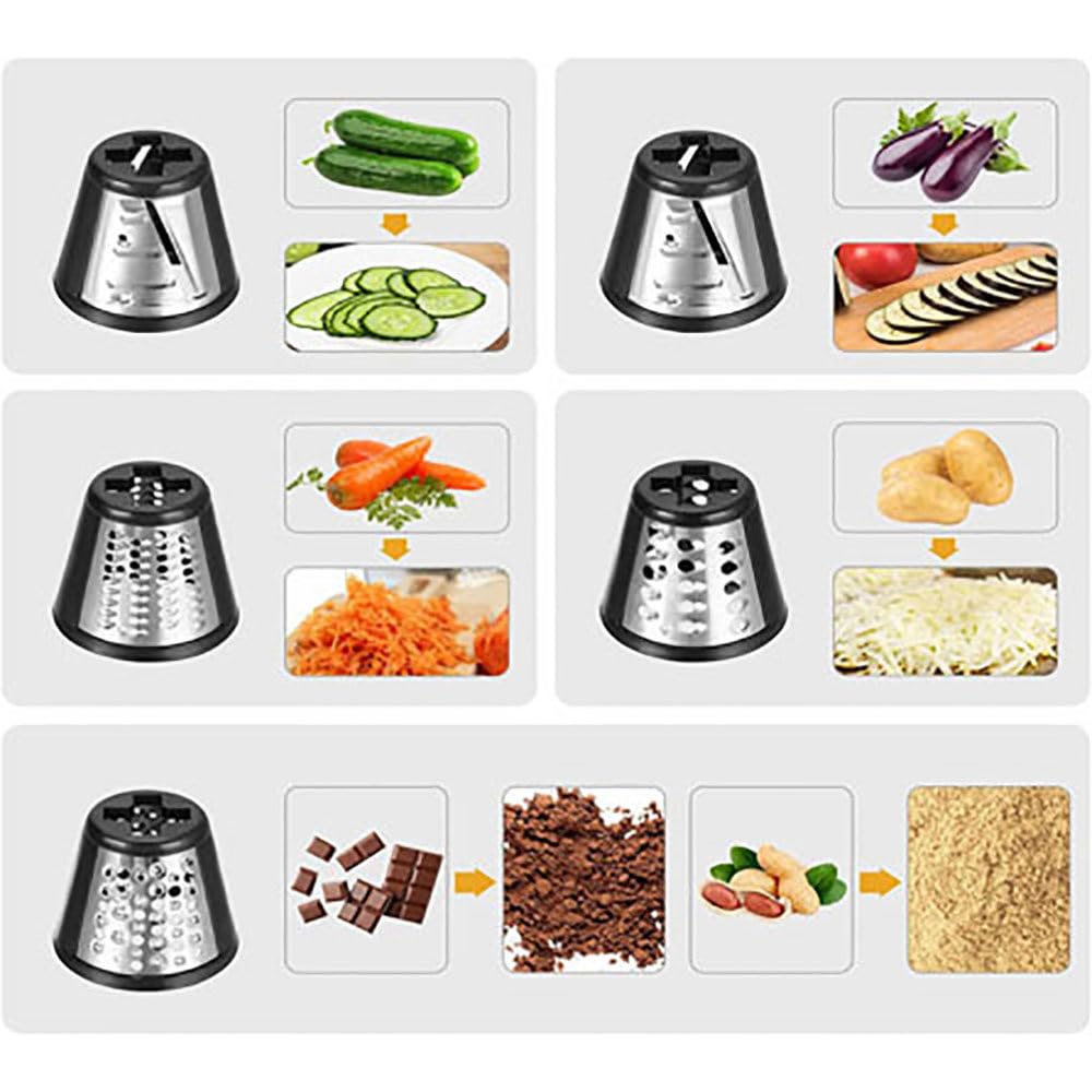 250W 5 en 1 Rallador de Queso Profesional Rallador Eléctrico de Verduras, Rallador Eléctrico de Queso, Rallador Eléctrico de Verduras, Zanahorias, Patatas, etc.