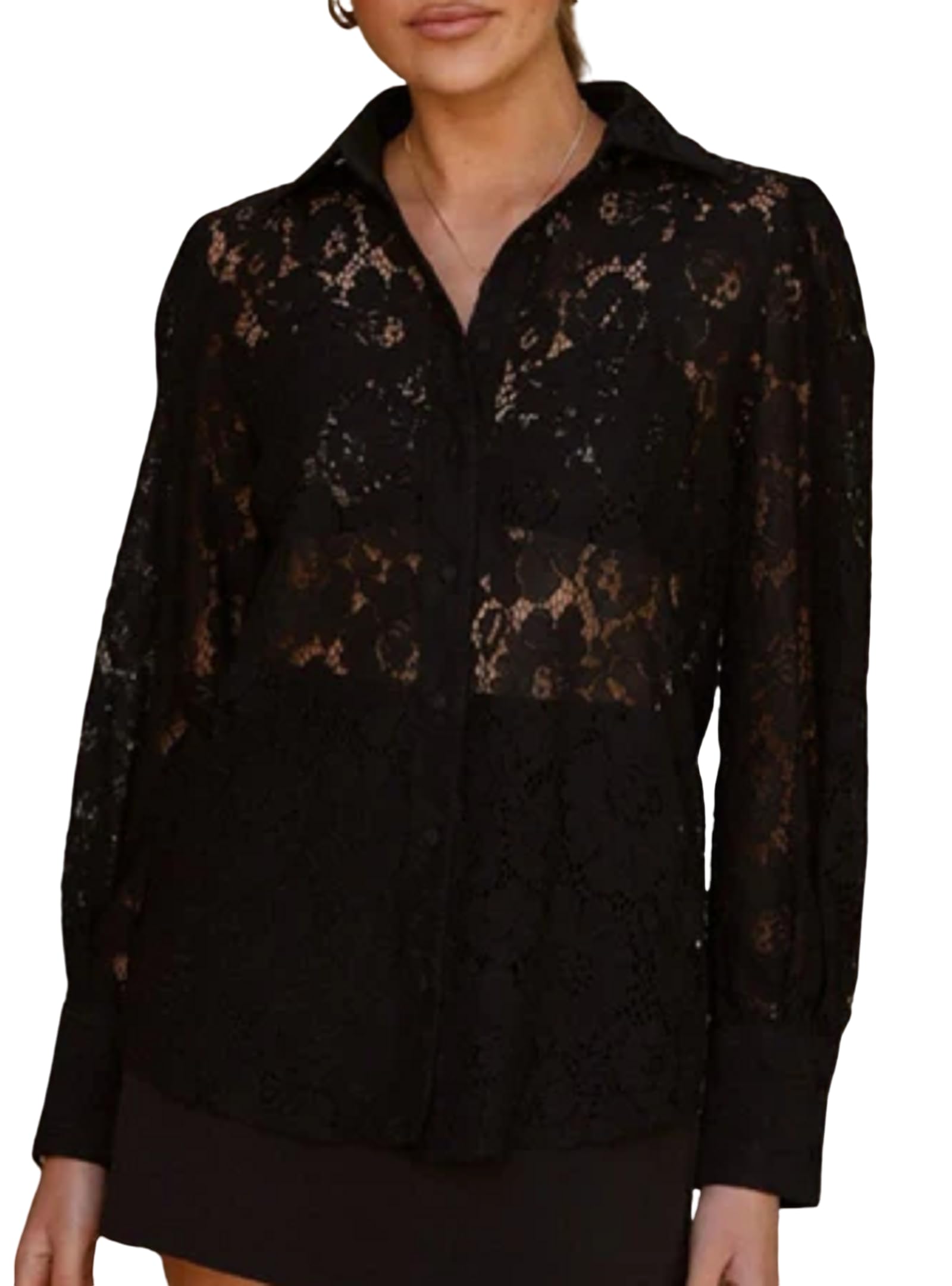 Women Long Sleeve Floral Lace Blouse Button Down Sheer Collared Shirt Embroidered Mesh Going Out Blouse Top