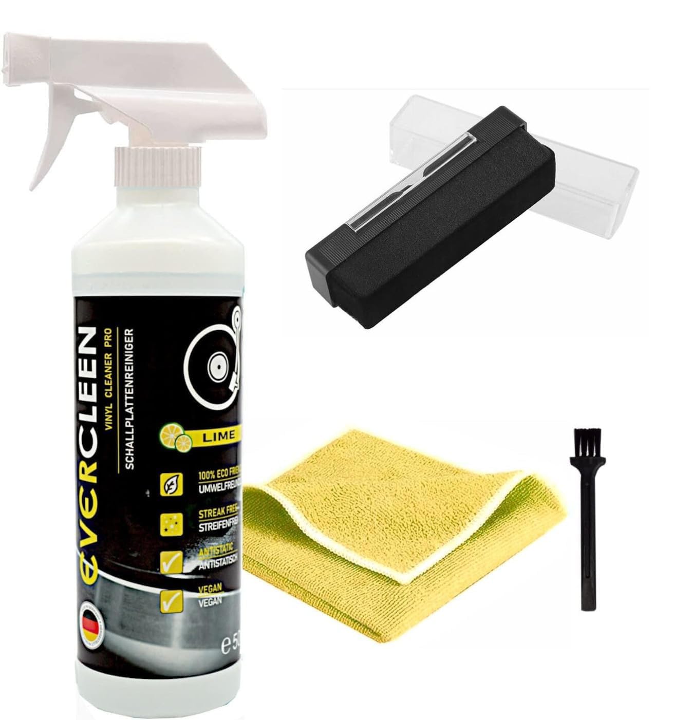Made in Germany Vinyl Record Cleaner Pro Schallplattenreiniger Set 500ml + Samtbürste + Mikrofasertuch + Bürste – Umweltschonender Veganer Reiniger für Schallplatten