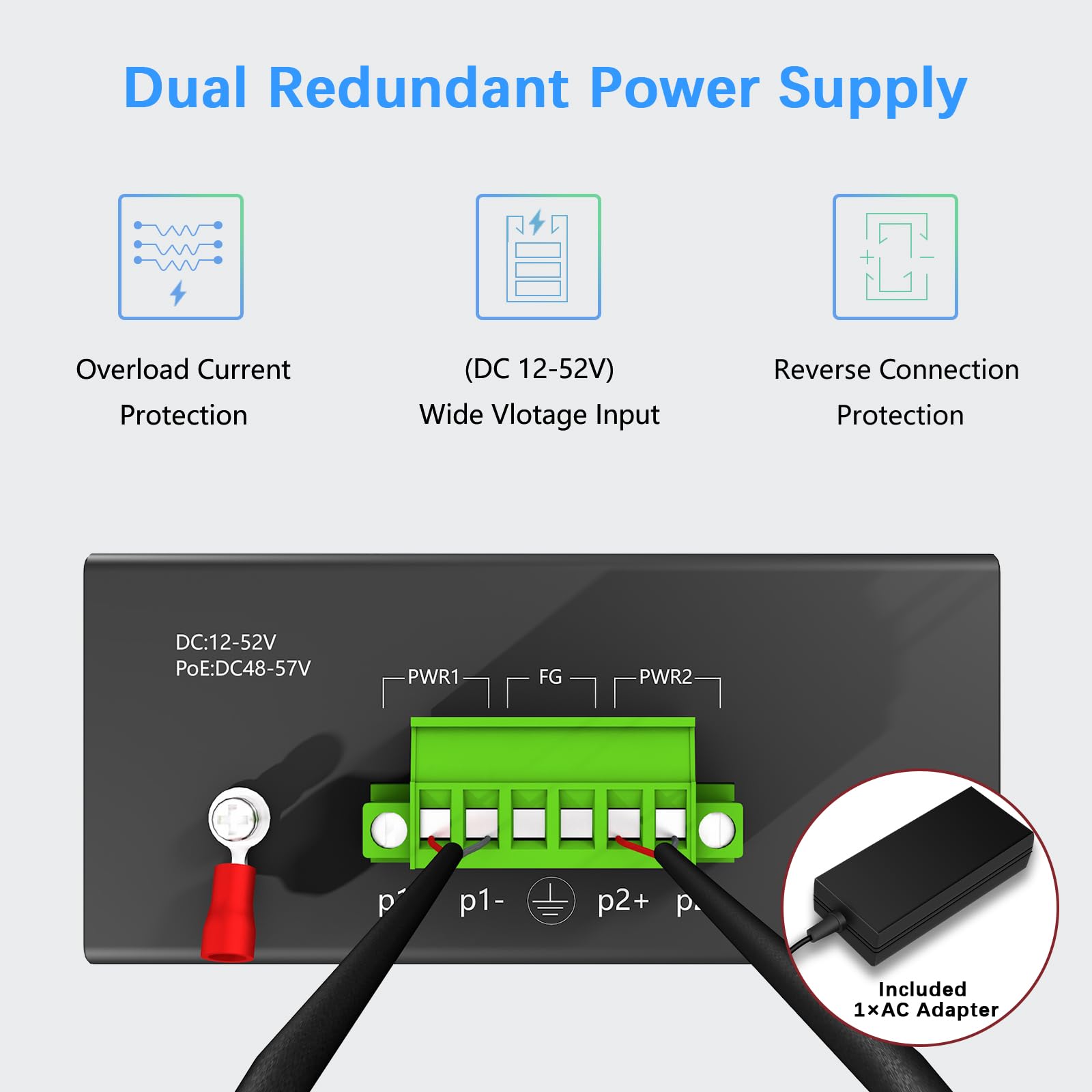 Switch Ethernet industriale Gigabit PoE a 8 porte, 96 W PoE Budget 48-57 V, 2 slot SFP Gigabit con un modulo 1000Base-T, switch PoE su guida DIN non gestito, con alimentatore