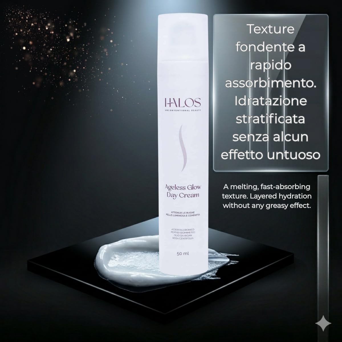 Halos Ageless Glow Day Cream – Crema Giorno Neurocosmetica Acetyl Tetrapeptide-2 e Acido Ialuronico – Antirughe Lifting Naturale e Pro-Age – Airless – Formula Biocompatibile – 50ml