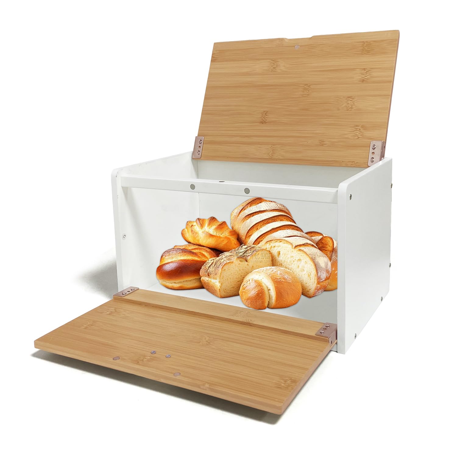 MinBoo Bamboo Bread Box Basket Storage Box Kitchen Bread Storage Bread Container Keep Fresh Long Time Roasted Bread, 36 x 23 x 21 cm (L x W x H) cm, Bamboo& White (Requires assembly)