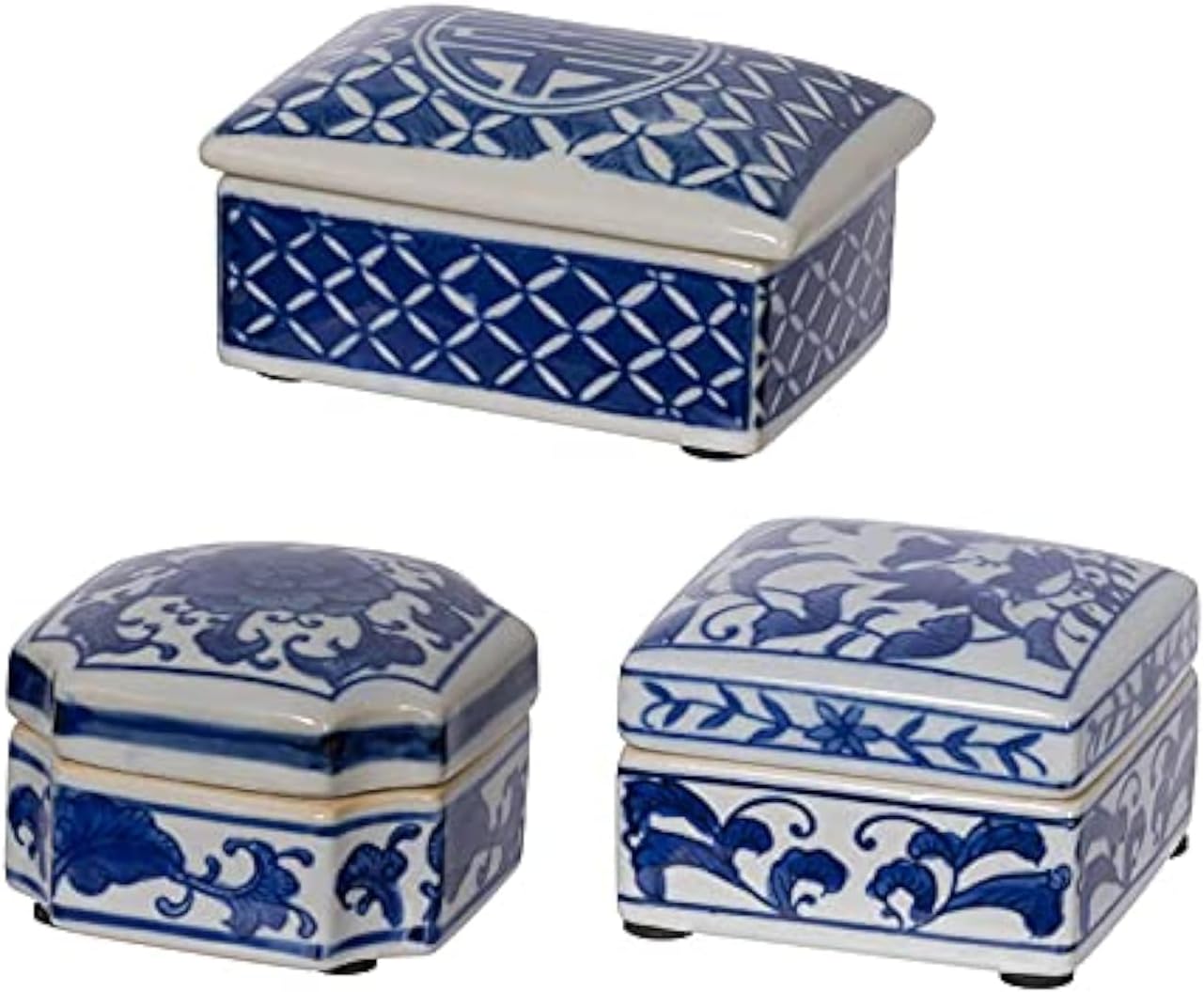 A & B HOMEA&B Decorative Porcelain Box with Lid Blue and White Set of 3 Glazed Ceramic Hand Painted Jars Centerpiece Asian Decoration