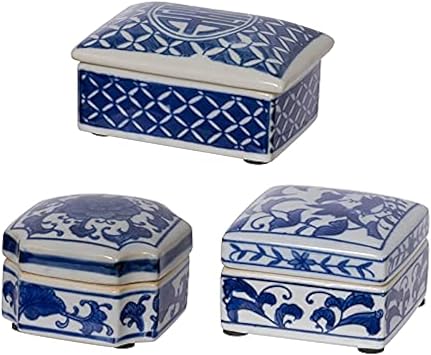 A&B Home Decorative Porcelain Box with Lid Blue and White Set of 3 Glazed Ceramic Hand Painted Jars Centerpiece Asian Decoration