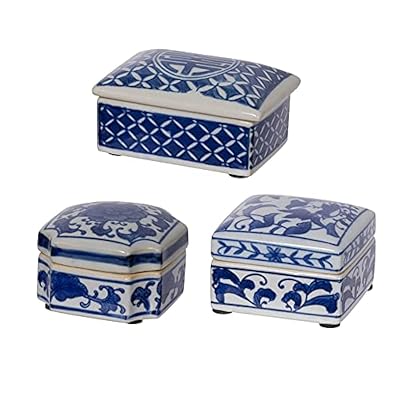 A&B Home Decorative Porcelain Box with Lid Blue and White Set of 3 Glazed Ceramic Hand Painted Jars Centerpiece Asian Decoration
