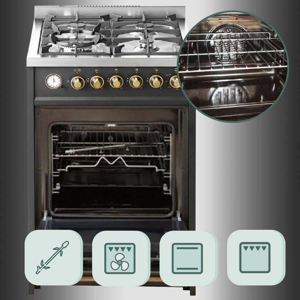 GURARI GCH G 614 BL r Cuisinière sur pied 60 cm Gaz naturel Fl.Gas 4 Kw WOK, Barbecue à gaz, Range Cooker, Tiroir avec poussette, Contrôle du gaz, tournebroche. Gaz naturel, gaz propane