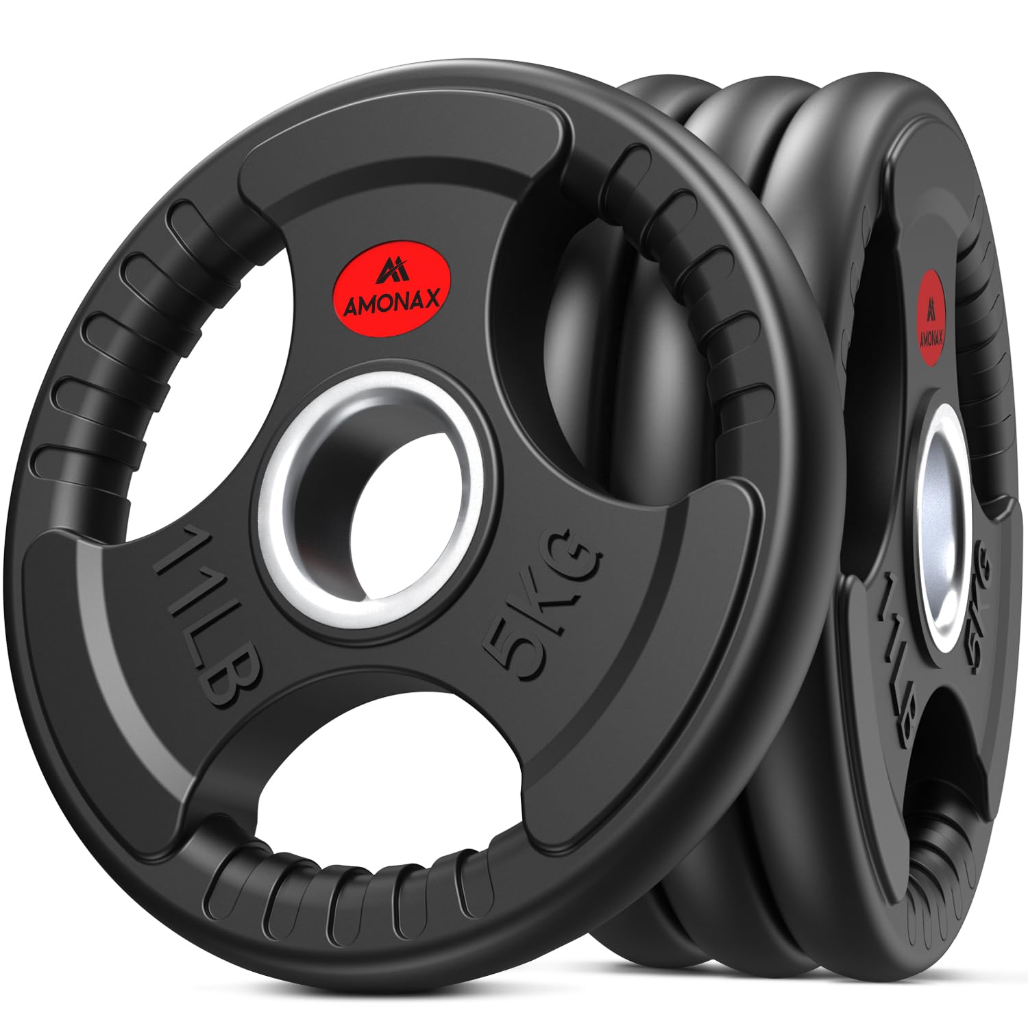 Amonax 2 Inch Olymic Weight Plates, Barbell Plates for Olympic Bar, Trip-Grip Gym Weight Discs, 5kg, 10kg, 20kg, 25kg Cast Iron Core with Rubber Coating (Rubber Coated, 5KG x 4)