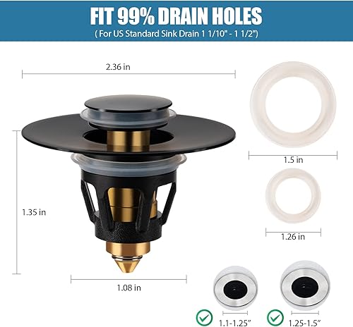 Miniatura 4 de Three colors Tapón para lavabo de baño, colador de fregadero de baño de 1.1 a 1.5 pulgadas, tapón de drenaje universal para lavabo, enchufe de
