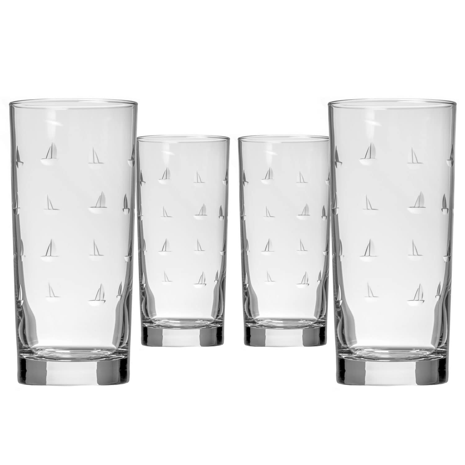 Rolf Glass Sailing Highball Glass 15 ounce | Set of 4 Cooler Glasses | Etched, Lead-Free Drinking Glass with Heavy Base | Made in the USA