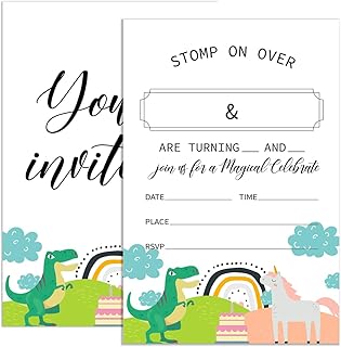 UDNADKEX Twin Birthday Invitations for Boys Girls with Envelopes, Invites Cards for Dinosaur Unicorn Joint Sibling Birthda...