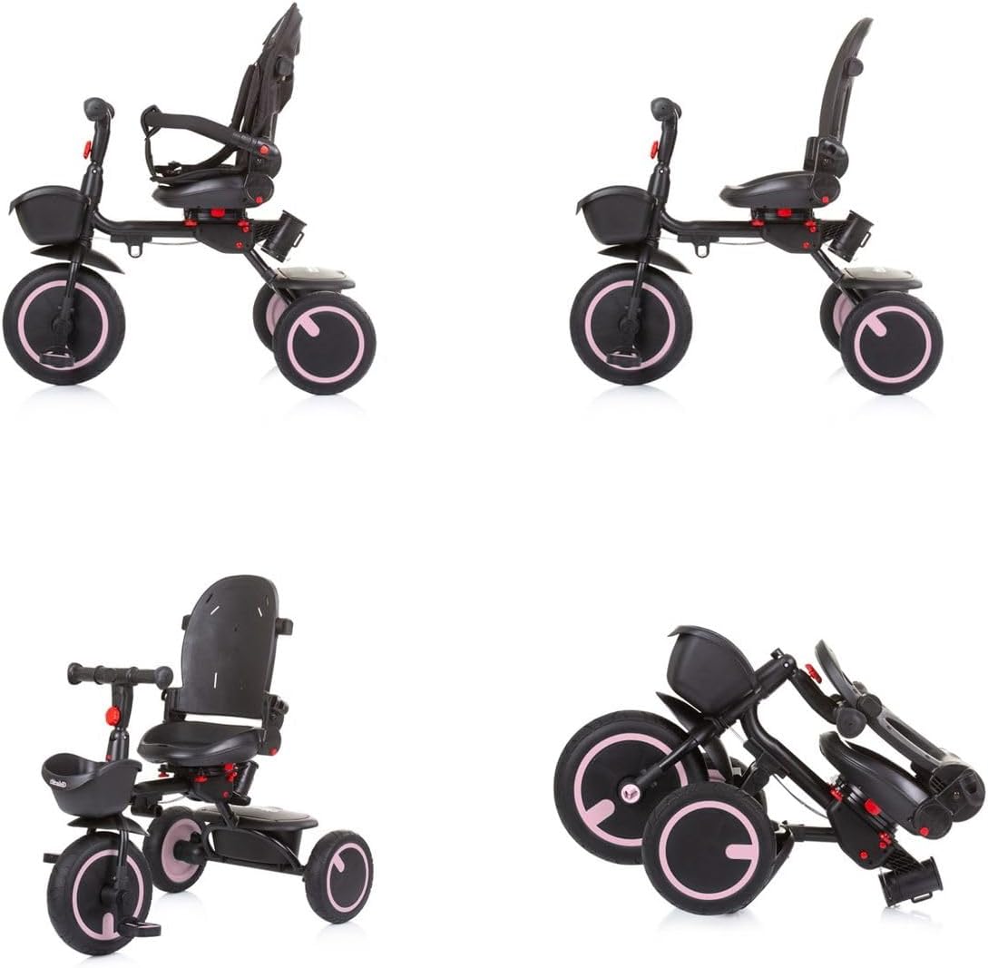 Four images showing the Chipolino Tricycle converting from full mode to independent tricycle and then folded