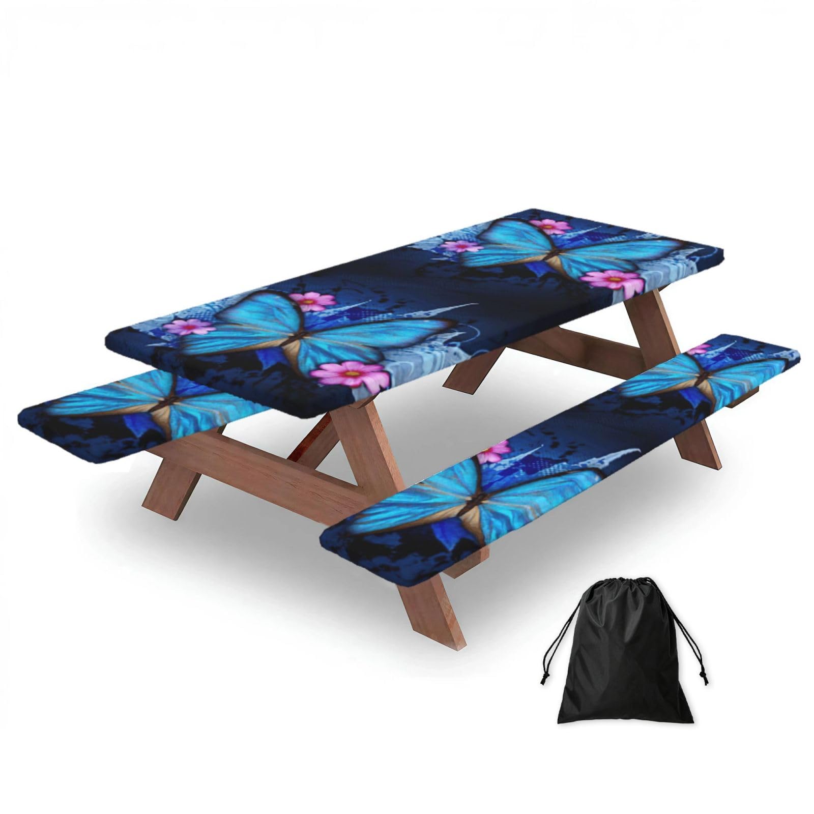 Yqxwjl Black Beautiful Butterfly Print Camping Essentials Waterproof Camping Table And Bench Cover With Drawstring Bag 183 Cm