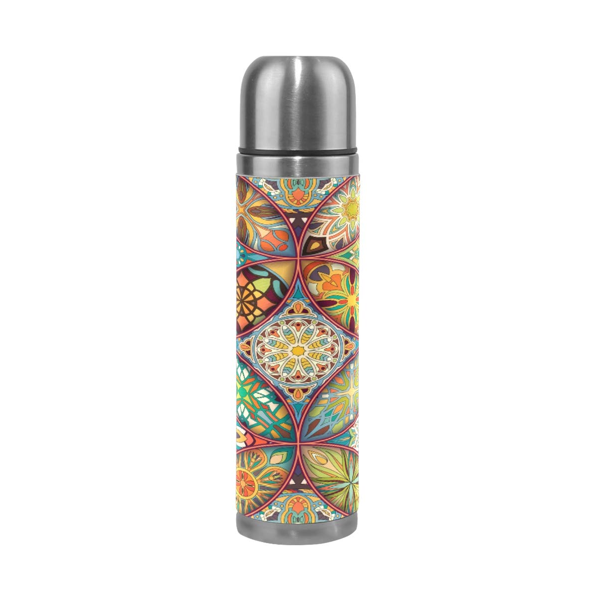 Taza de viaje aislada al vacío de acero inoxidable con doble pared a prueba de fugas, botella de taza étnica Mandala colorida personalizada impresa en cuero genuino envuelta termo termo 500 ml