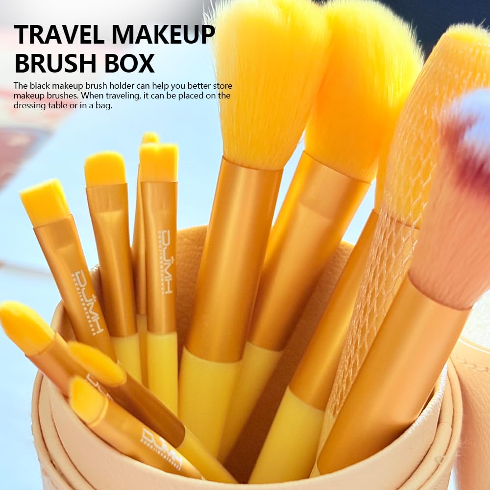 DJMH - Set di 13 pennelli da trucco con custodia, pennelli da trucco professionali con custodia in pelle (giallo)