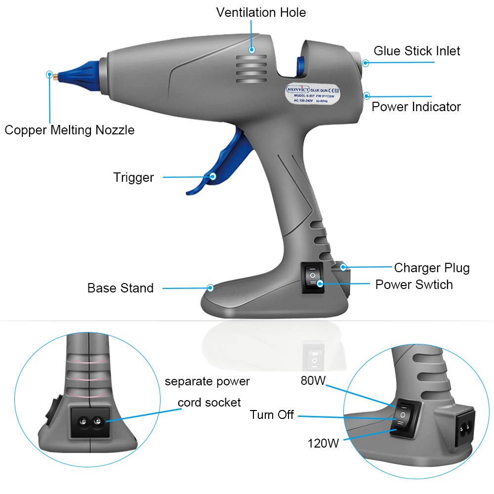 Hot Glue Gun, MONVICT Cordless Glue Gun 80/120W Full Size Dual Temp