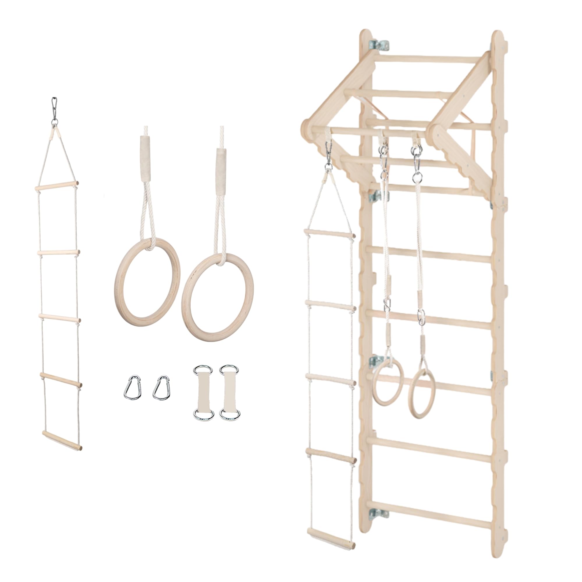 MAMOI® Spalliera da parete 210 cm per adulti, scala ginnica in legno con barra per trazioni, anelli e scala di corda, set di allenamento per casa e palestra