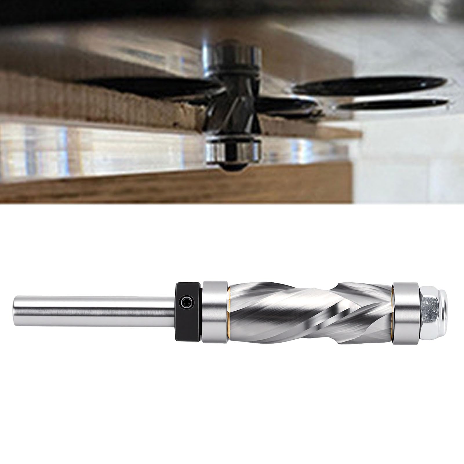 Punta per Fresa con Rifinitura a Filo a Compressione, Gambo da 1/4", Diametro di Taglio da 1/2", Lunghezza di Taglio da -/4", con Cuscinetti Superiori e Inferiori