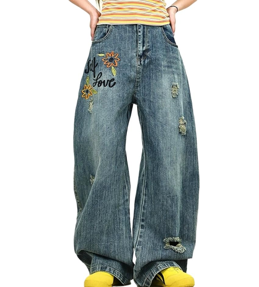 Y2k Vintage Flower Letter Embroidery Slub Pattern Harajuku Baggy Jeans Hiphop Grunge Ripped Wide Leg Casual Denim Pants