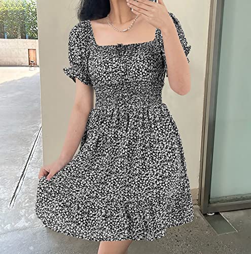 Image of Womens Babydoll Mini Dress Casual Square Neck Short Sleeve Summer Dresses | Empire Waist, Smocked, Flowy, Short Beach Dress, Vacation, Floral, Boho