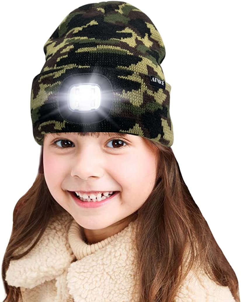 Kids LED Lighted Beanie Cap, USB Rechargeable 4 LED Headlamp Waterproof Winter Warmer Knit Night Hats with Light for Boys Girls