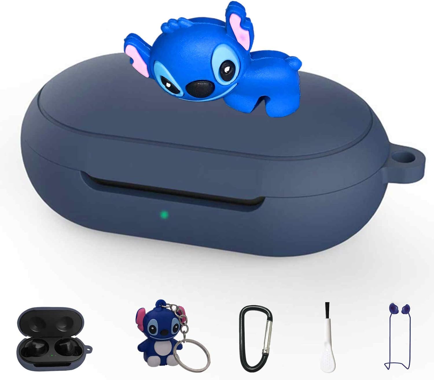 Discount Stitch Silicone Case for Galaxy Buds/ Galaxy Buds+ Plus, 7 in 1 Silicone Accessories Set Protective Cover, Silicone Case/Keychain/Carabiner/Anti-Lost Rope/Cleaning Brush (Dark Blue & Stitch)