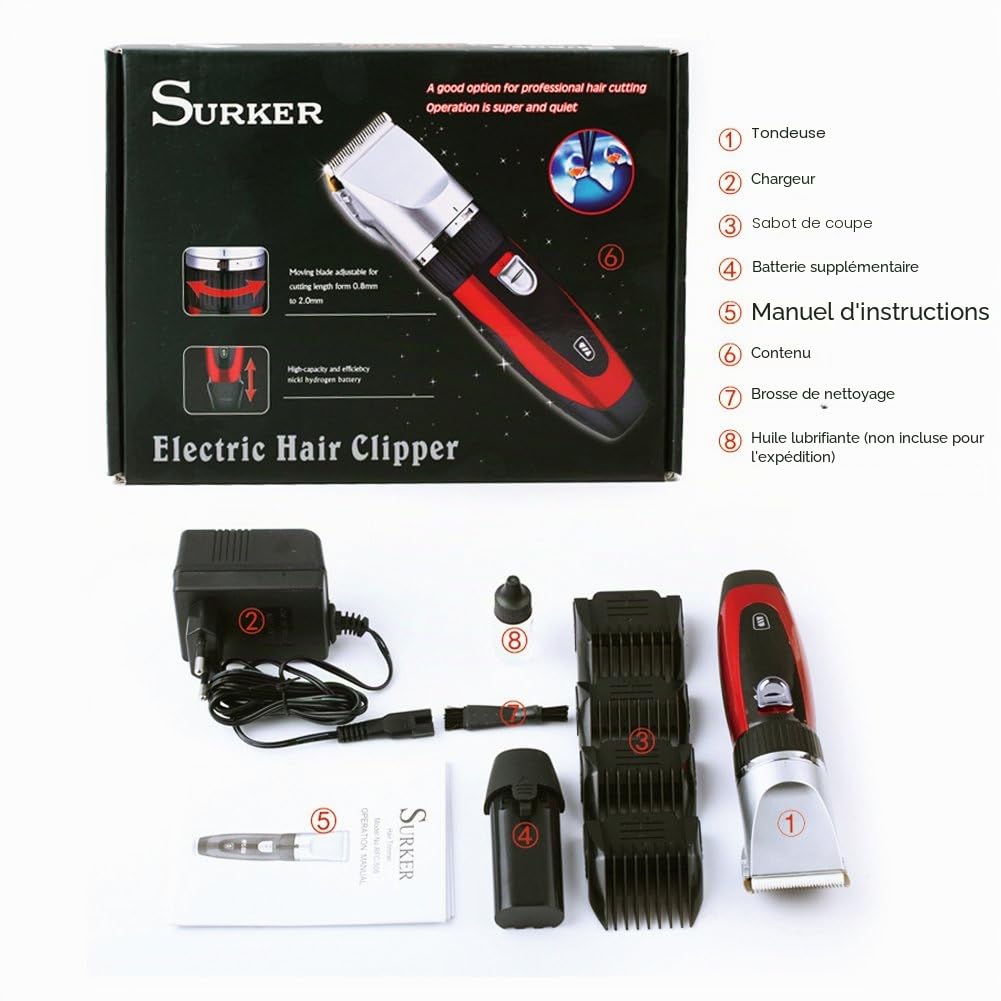 Surker Rouge Tondeuse Cheveux Professionnelle Tondeuse Barbe Rasoir Electrique Sans Fil Rechargeable avec 4 Peigne pour Enfants, Adultes, Personnes Agées,Rasoir électrique