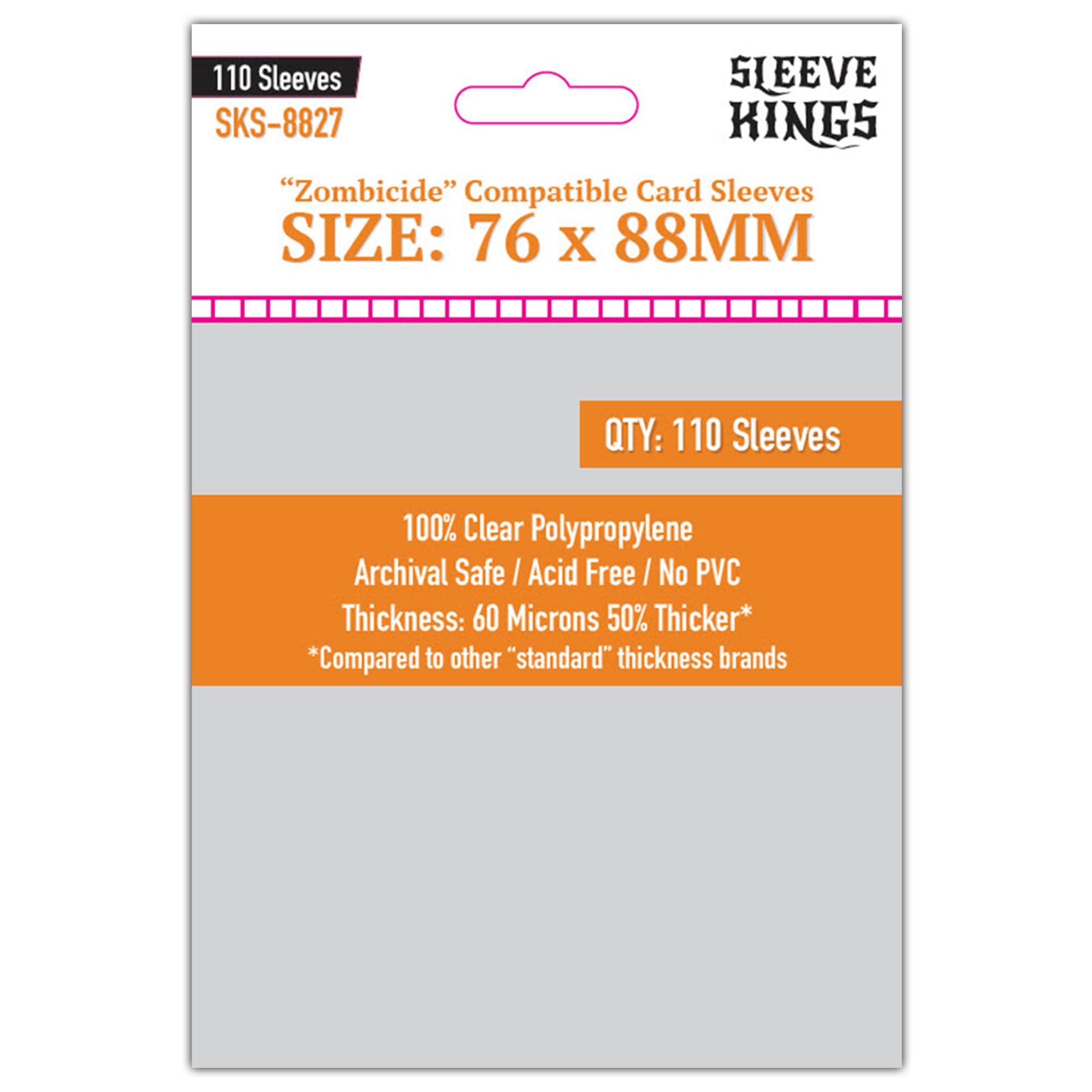 Amazon.com: Sleeve Kings Standard Card Sleeves  110 Count, Clear 60 Micron  Thickness, Large Size (76 x 88 mm), Compatible with Zombicide & More  SKU:  SKS-8827 : Toys & Games