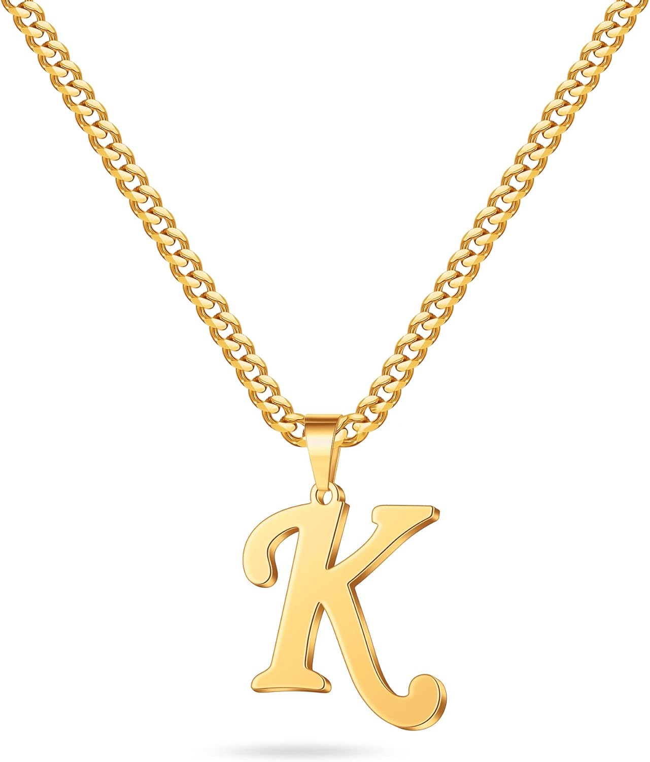 LUXEJEW Valentines Day Gifts for Him - Stainless Steel A-Z Initial Necklaces for Men Boys, Gold/Silver Cuban Link Chain Letter Pendant Necklace Jewelry Gifts 20+2 Inches