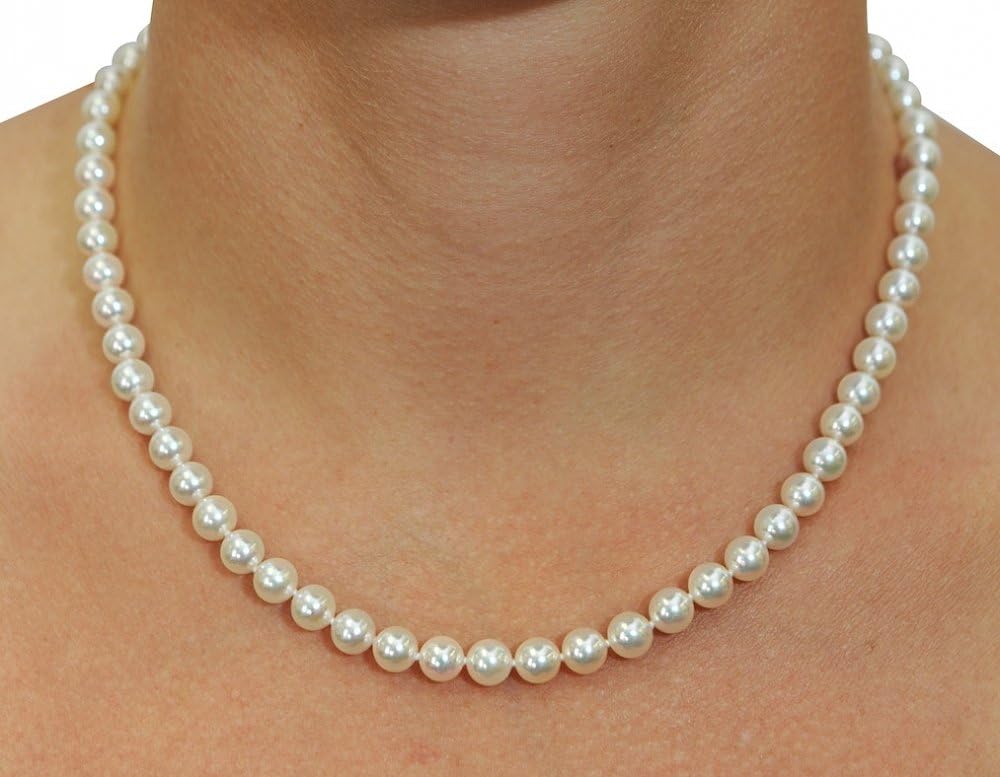 The Pearl Source 14K Gold AA+ Quality Round Genuine White Japanese Akoya Saltwater Cultured Pearl Necklace for Women
