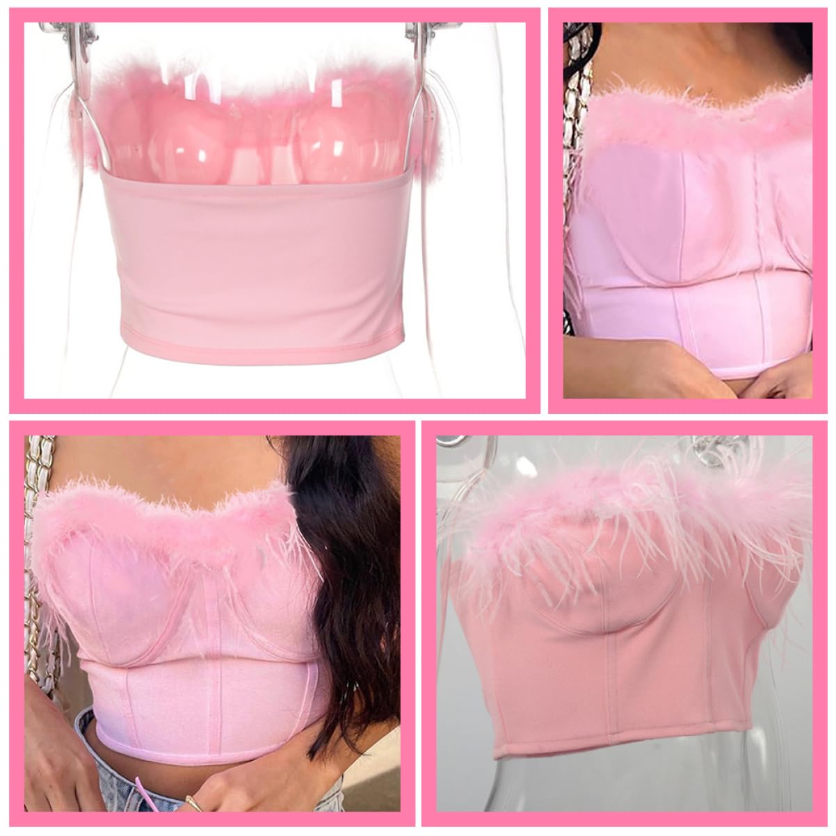 GALPADA 3 Piezas De Piel Interior Del Pecho Tiras Tanque Fuzzy Crop Tube Top Bandeau Chaleco Tanque Bustier Backless Crop Tube Mujer Túnica Top Rosa Fuzzy Top Mujer Spandex Camisa Corsé
