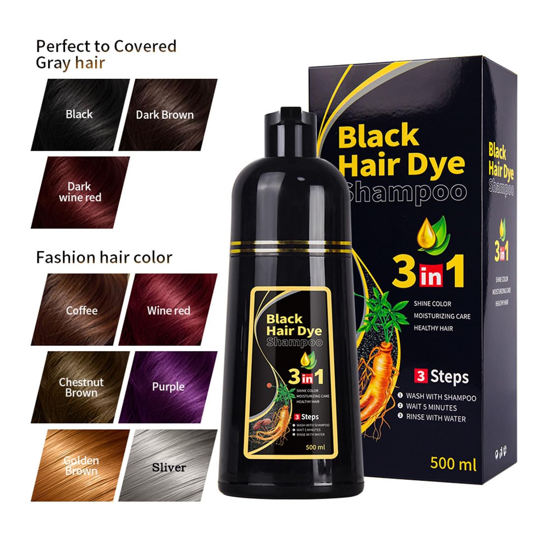 Haarfärbeshampoo, Grauabdeckung, einfach anzuwendende Haarfarbe, langanhaltende Haarfarbe, mit Ginseng und Kräuteressenzen, für Frauen und Männer, 9 Trendfarben, für alle Haartypen (Sliver)