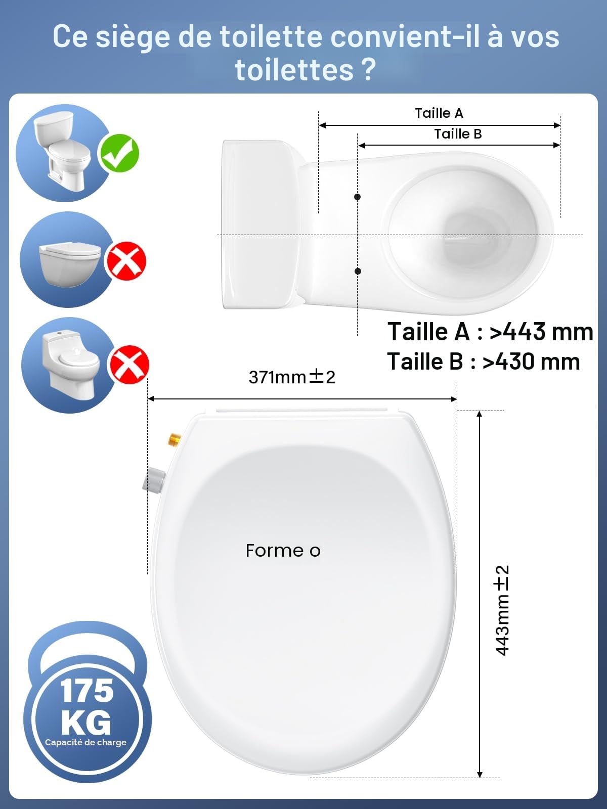 YEAUPE PRO Abattant wc japonais Forme O, Abattant WC avec frein de chute, non électrique avec double buses rétractables autonettoyantes, Kit Abattant japonais,Blanc, 43 * 37.1CM
