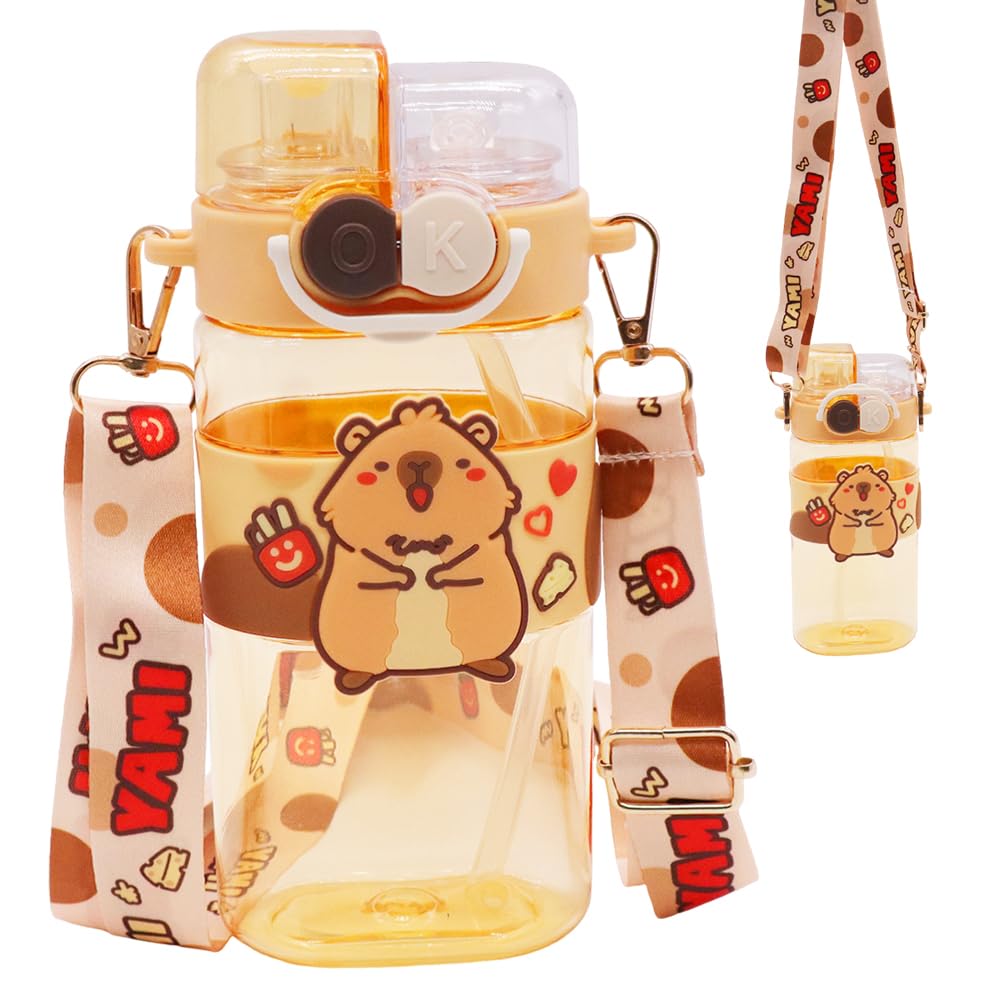 FCXVXCL Capybara Water Bottle, Cute Water Bottles with Adjustable Strap for Boys Girls Outdoor Sports, LeakProof 520ML