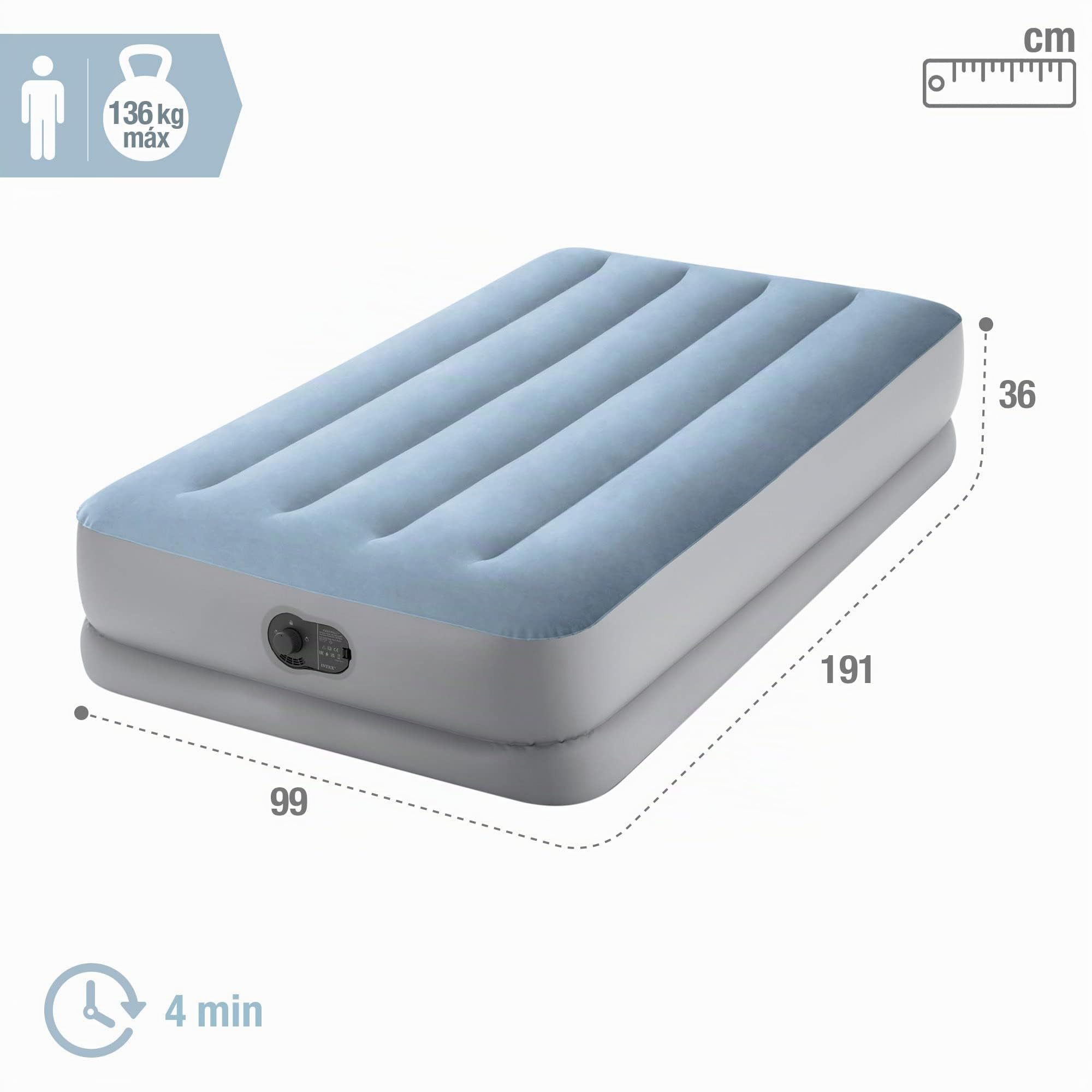 Intex 64157 Colchón Hinchable Individual, con Bomba Eléctrica USB Integrada, se Infla en Aproximadamente de 4 Minutos, Peso Máximo 136 kg, Material Flocado más PVC Laminado, 99 x 191 x 36 cm