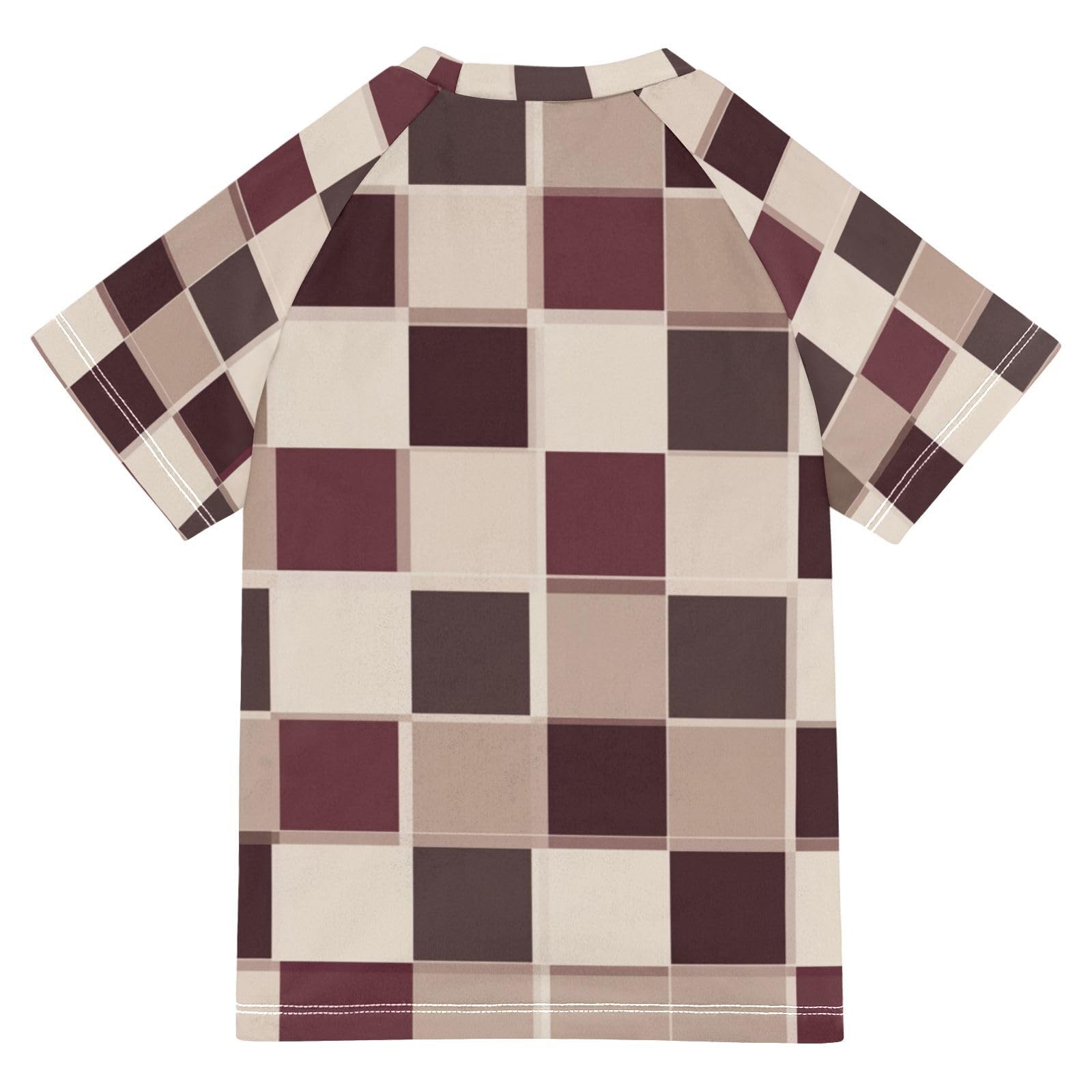 KLL Bathing Suit Girls Short Sleeve Rash Guard Girls 7T Squares Burgundy Neutral