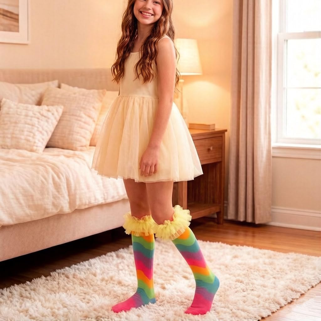 Girls Knee High Rainbow Socks with Lace Funky Colorful Stripe Socks for Kids Women Cute Funny Crazy Sock for Gifts
