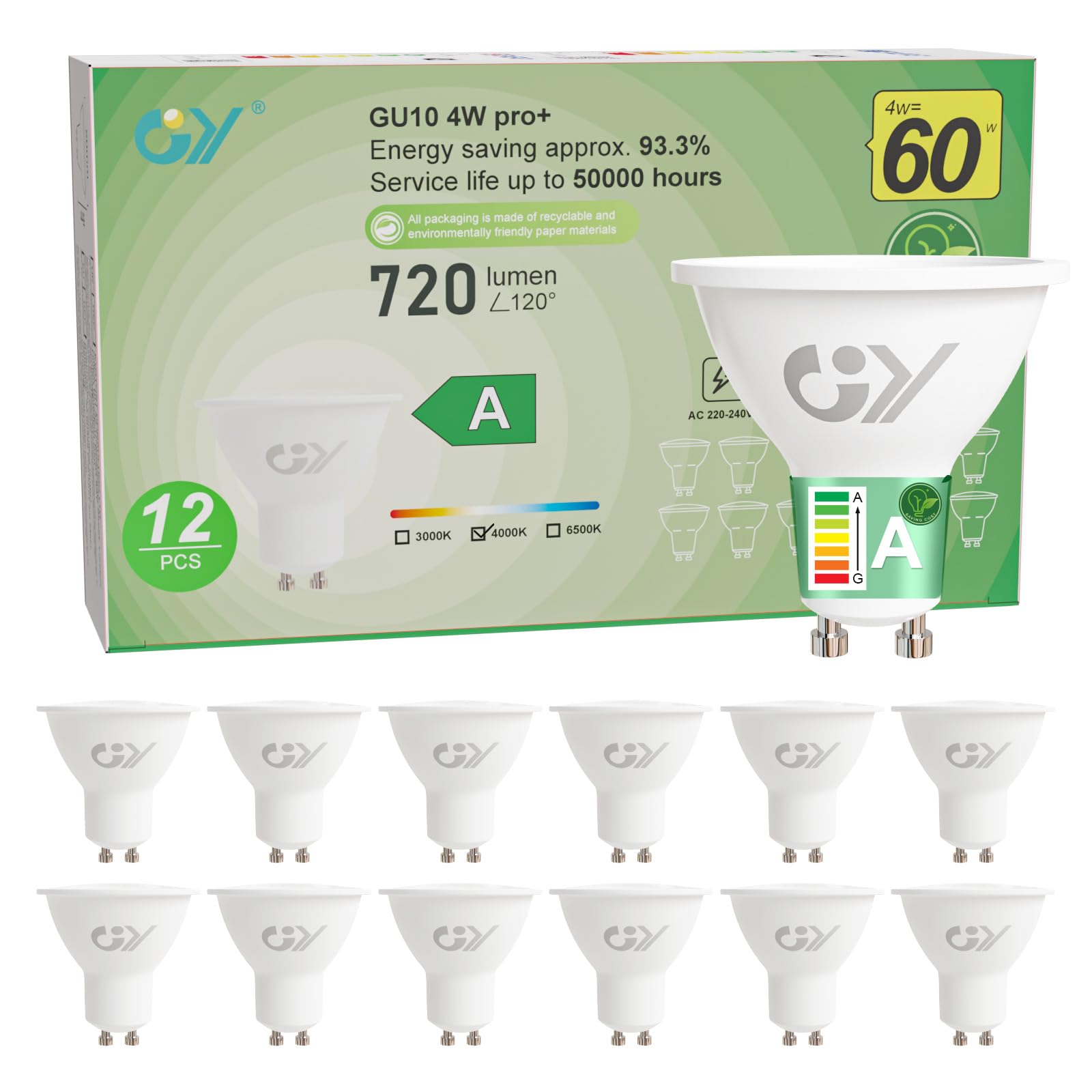 GY GY GU10 4W Class A Ultra Energy Efficient LED Bulb 4000K Neutral White,720LM Energy Saving Equivalent 60W,110 ° Light Angle,Non-Dimmable,Pack of 12