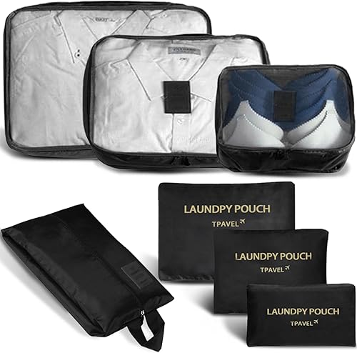 Juego de 7 cubos de equipaje de viaje, bolsas de equipaje reutilizables, impermeables, bolsas organizadoras con bolsa para zapatos, bolsa de aseo,
