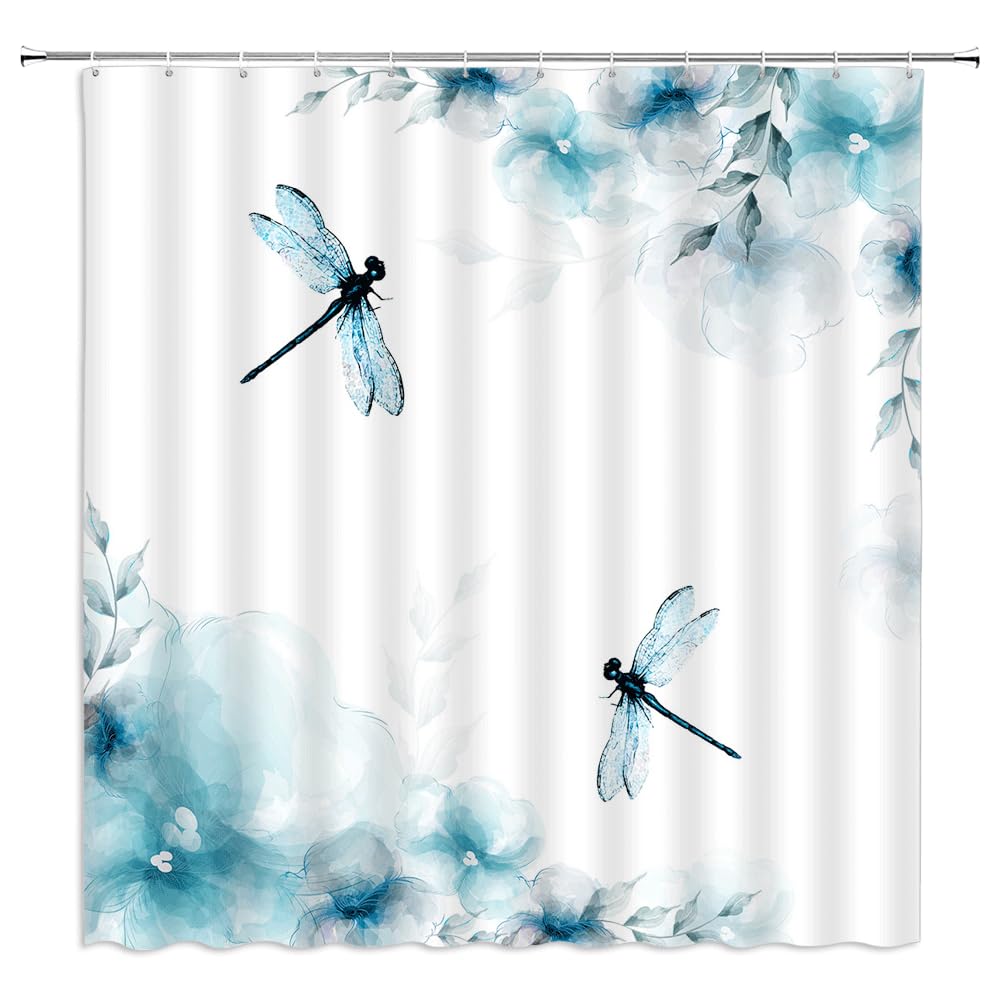 UOZXOML Blue Teal Flower Dragonfly Shower Curtain Rustic Spring Summer Floral Green Leaves Nature Plant Art Print Farmhouse Wildflowers Fabric