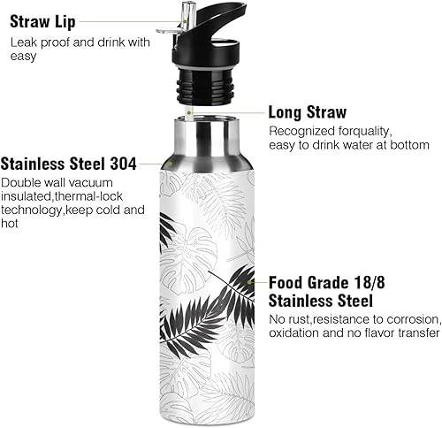 Miniatura 3 de Botella de agua con aislamiento de hojas de palma tropicales, color negro, 32 onzas, sin BPA, botella de agua deportiva a prueba de fugas