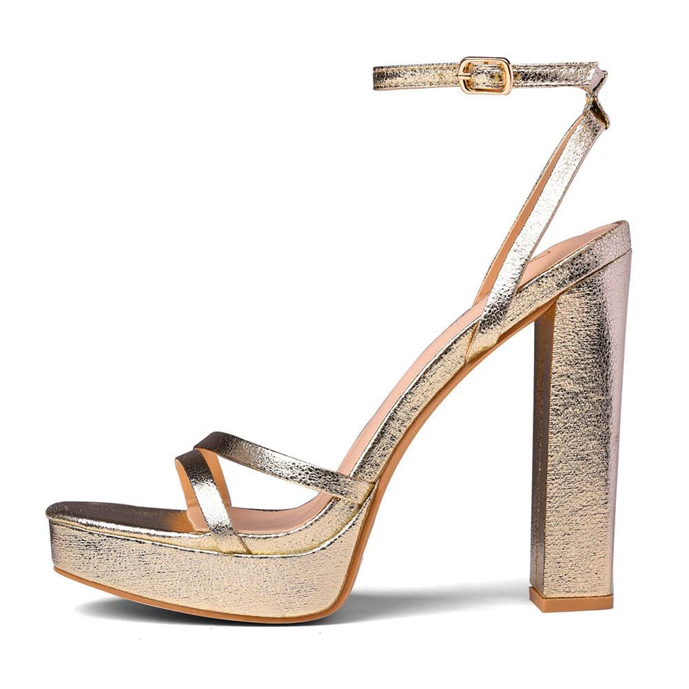GENSHUOWomen's Platform Chunky Gold High Heels Square Toe Ankle Strap Heel Sandals Strappy Shoes