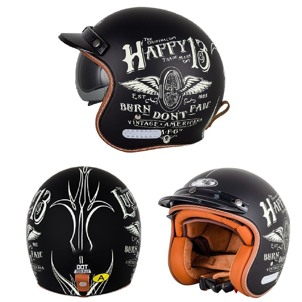 Casco de Moto de Cara Abierta Retro, ECE Homologado, 3/4 Jet Cascos de Protección con Visera Solar para Unisex Motocicleta Bicicleta Scooter Medio Casco (57CM~66CM)