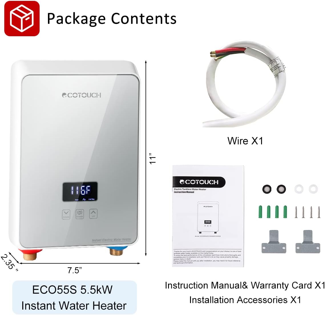 Tankless On Demand Water Heater Electric 240V, ECOTOUCH 5.5KW Hot Water Heater For Sink, Electric Instant Hot Water Heater, Overheating Protection, Sliver - - 