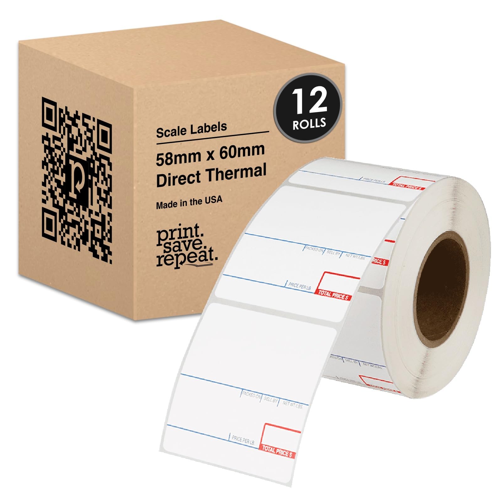 Print.Save.Repeat. 58mm x 60mm Labels for CAS Scales (8020) | 40mm Core | 6,000 Labels | 12 Rolls of 500
