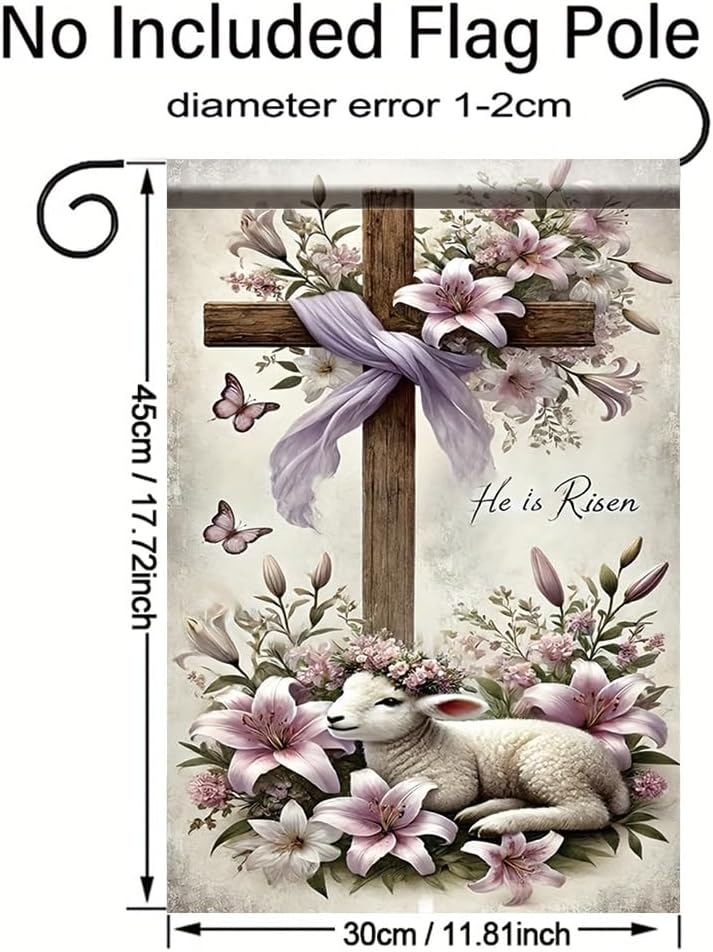 He Is Risen Garden Flag 12x18 Inch Double Sided Outdoor Yard Banner Christian Cross Lily Flowers and Lamb Easter Religious Theme Garden Decoration for Porch Patio Lawn Church Outdoor Decor - Image 2