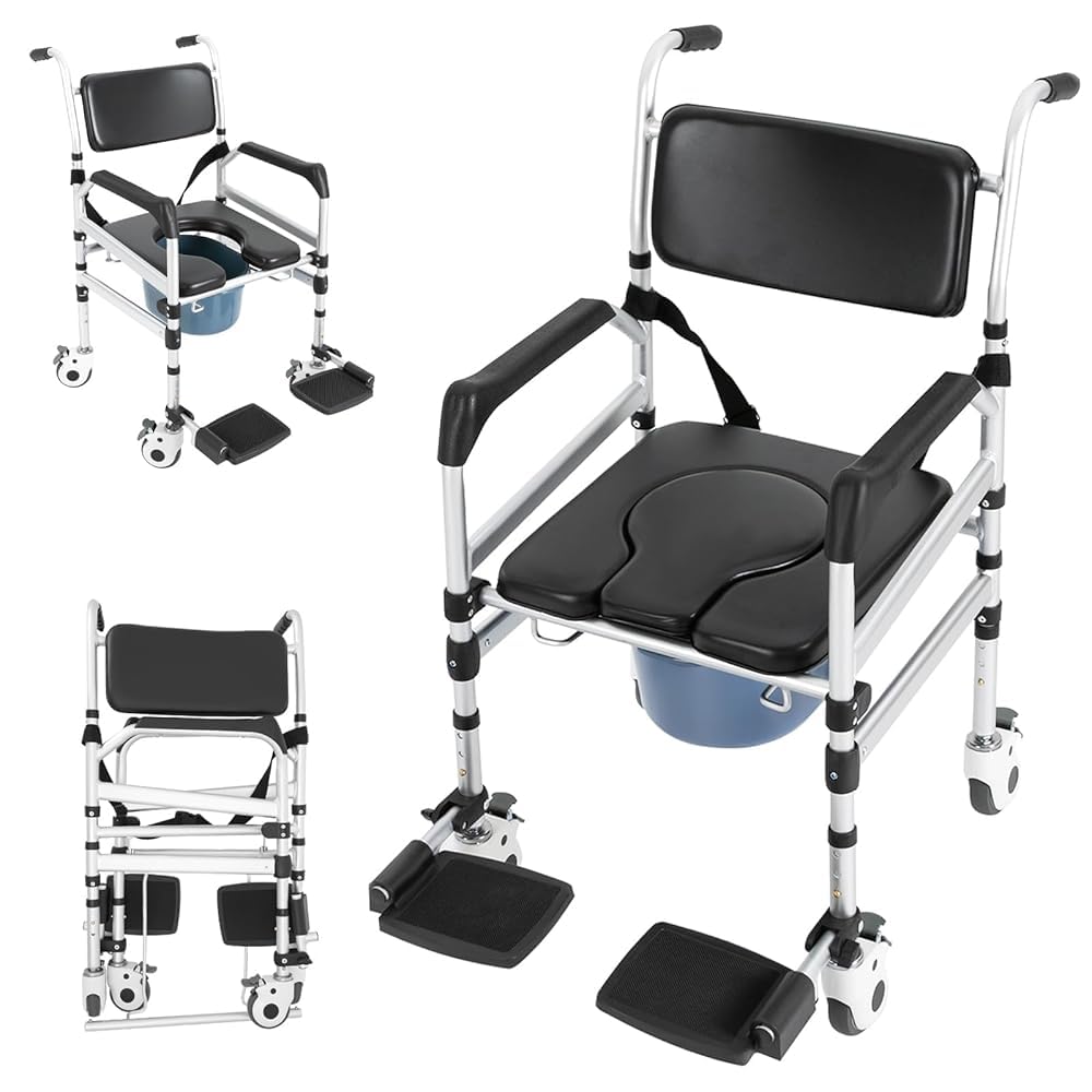Regolabile Sedia per Doccia Anziani con Ruote e freni Larghezza 45cm, altezza 46-54cm, 160 kg, Multifunzione Doccia Pieghevole con Cinture di sicurezza, Freni, Comoda WC per Anziani